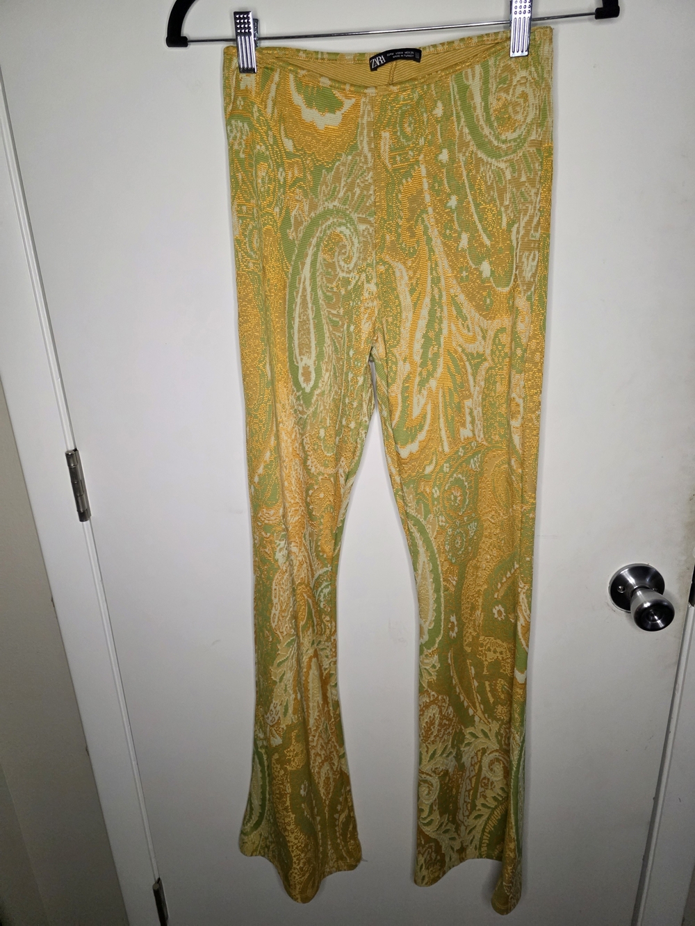 Zara Yellow & Light Green Paisley Flare Pants-M